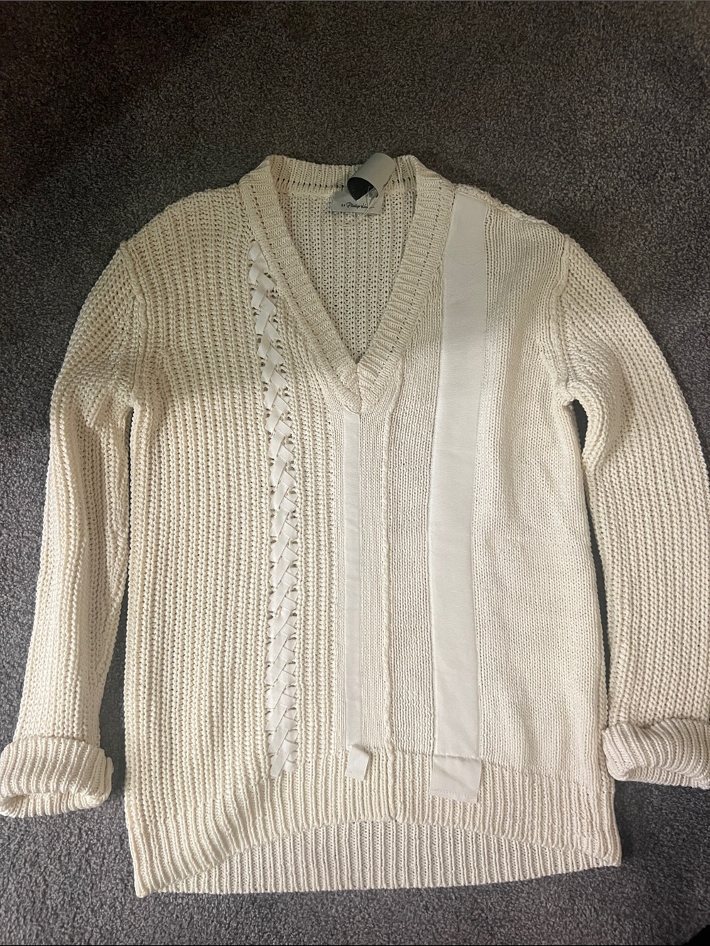 3.1 Phillip Lim Cream Mixed-Knit V-Neck Sweater with Ribbon Detail SAMPLE